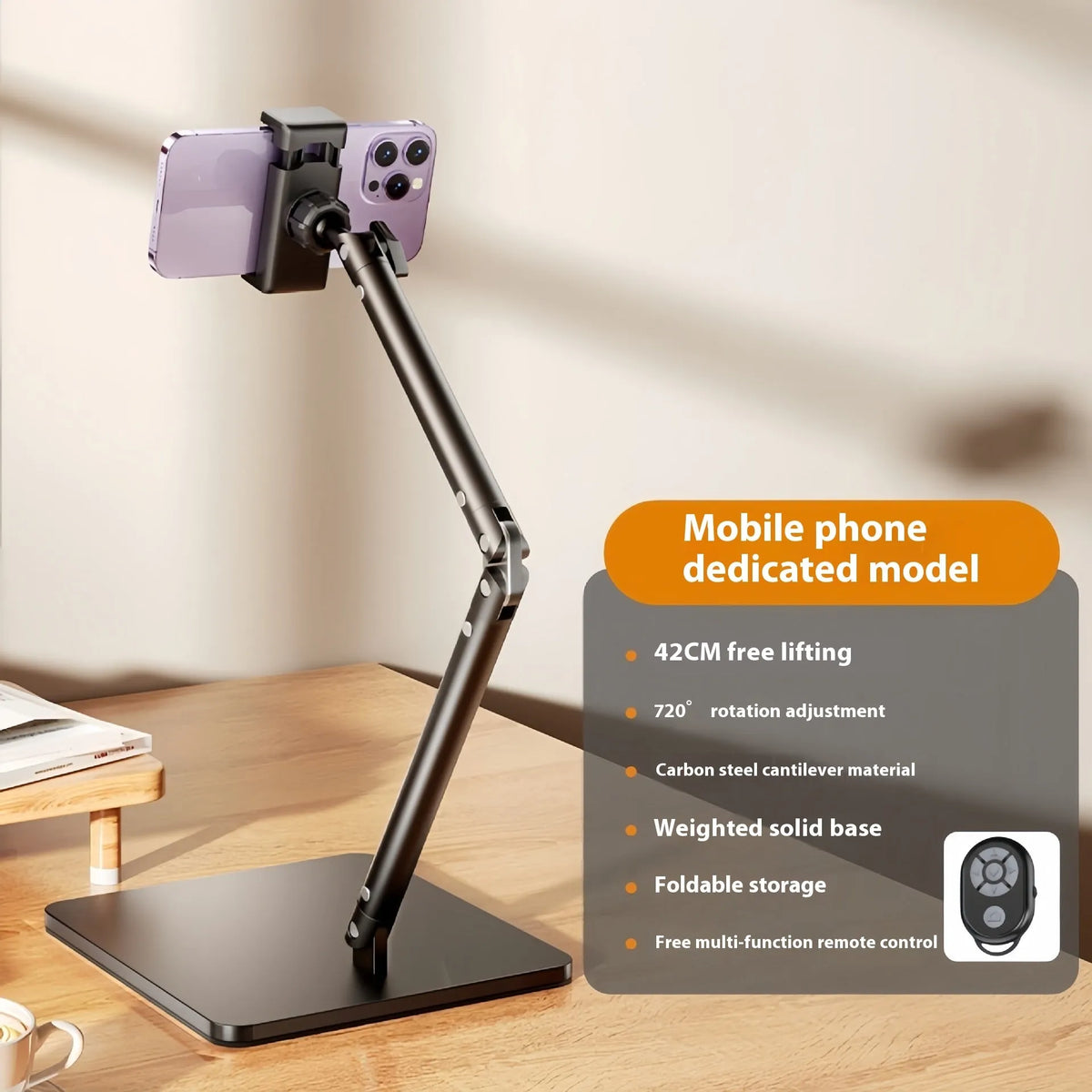 Metal desktop phone bracket with square double arms and remote control for streaming