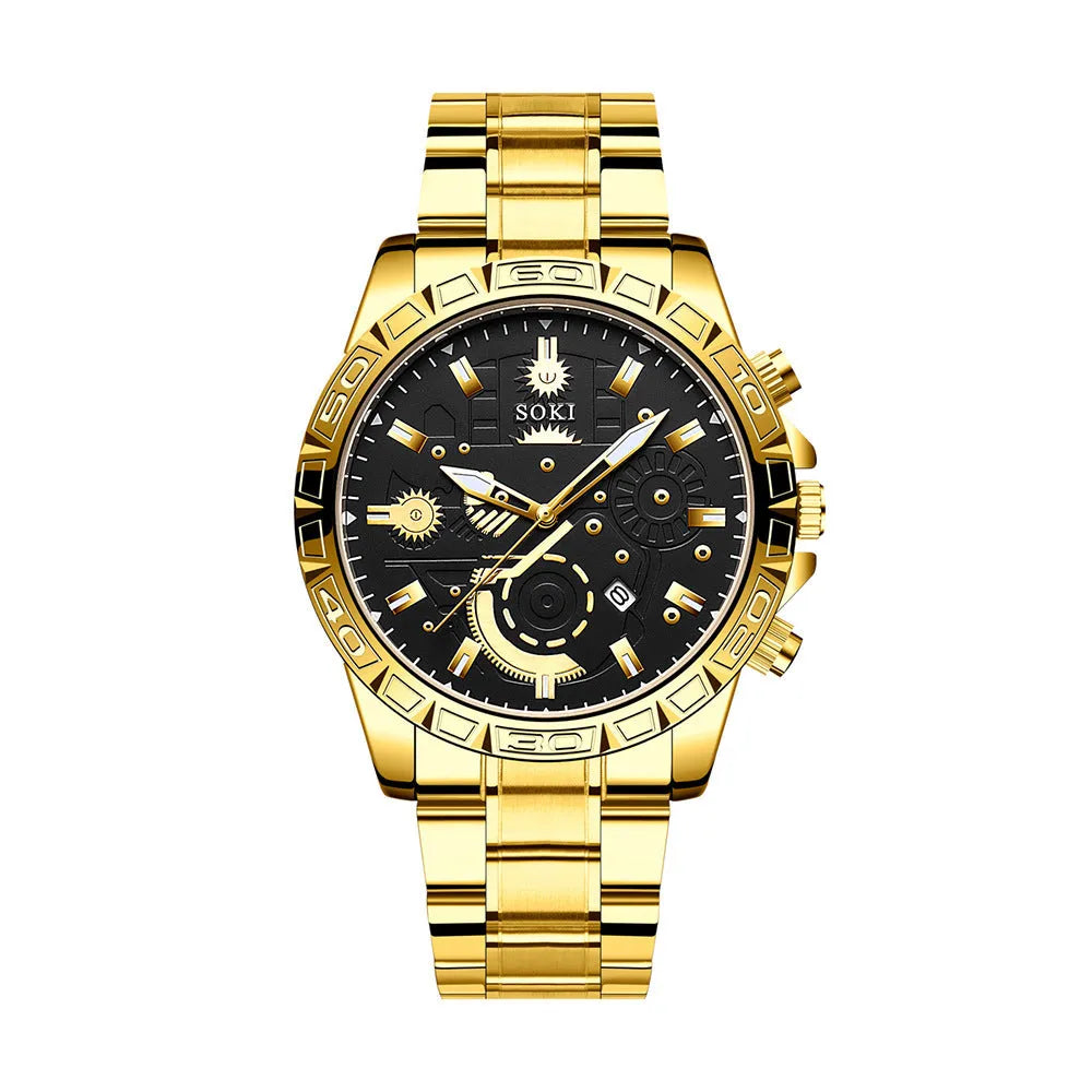 Men's gold-colour stainless steel business watch with calendar display on white dial