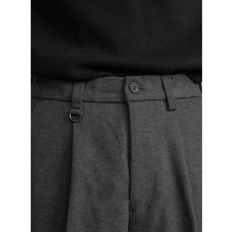 Men's straight-leg business casual trousers in polyester fabric, shown in black, brown, dark gray, or khaki.
