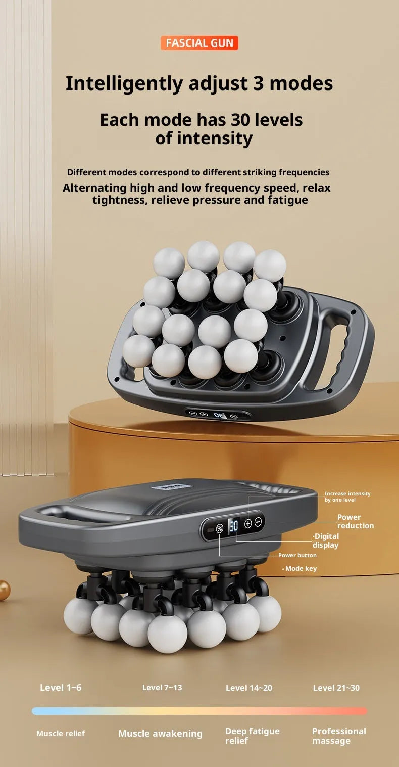 Grey professional-grade vibration massager with brushless motor and multi-gear adjustment, more than 5 gears, 46-70dB.
