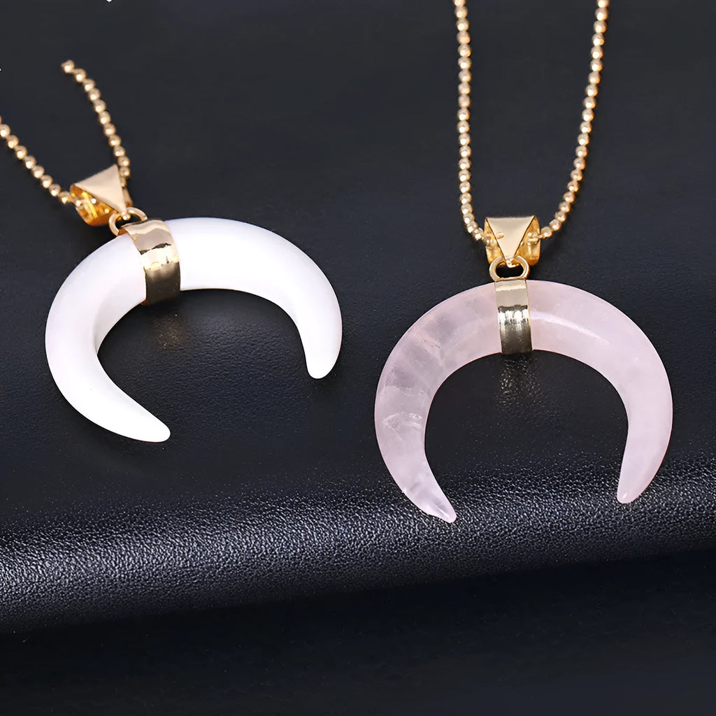 Natural crystal semi-precious stone moon pendant necklace with electroplated copper fittings and 45cm chain