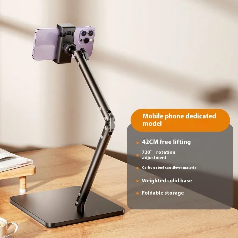 Metal desktop phone bracket with square double arms and remote control for streaming