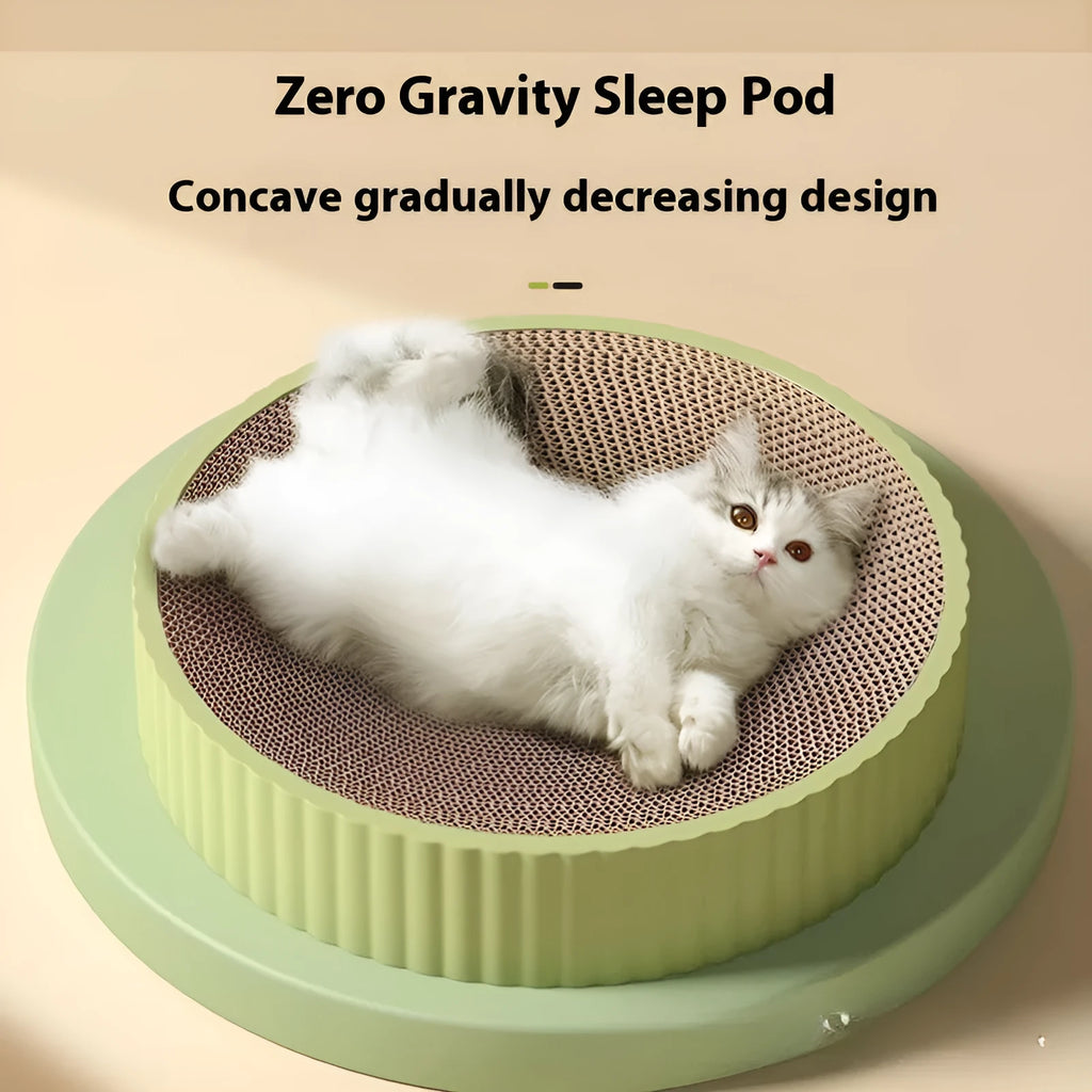 Round 55cm cat scratching board in green or white with corrugated paper surface and replacement packs
