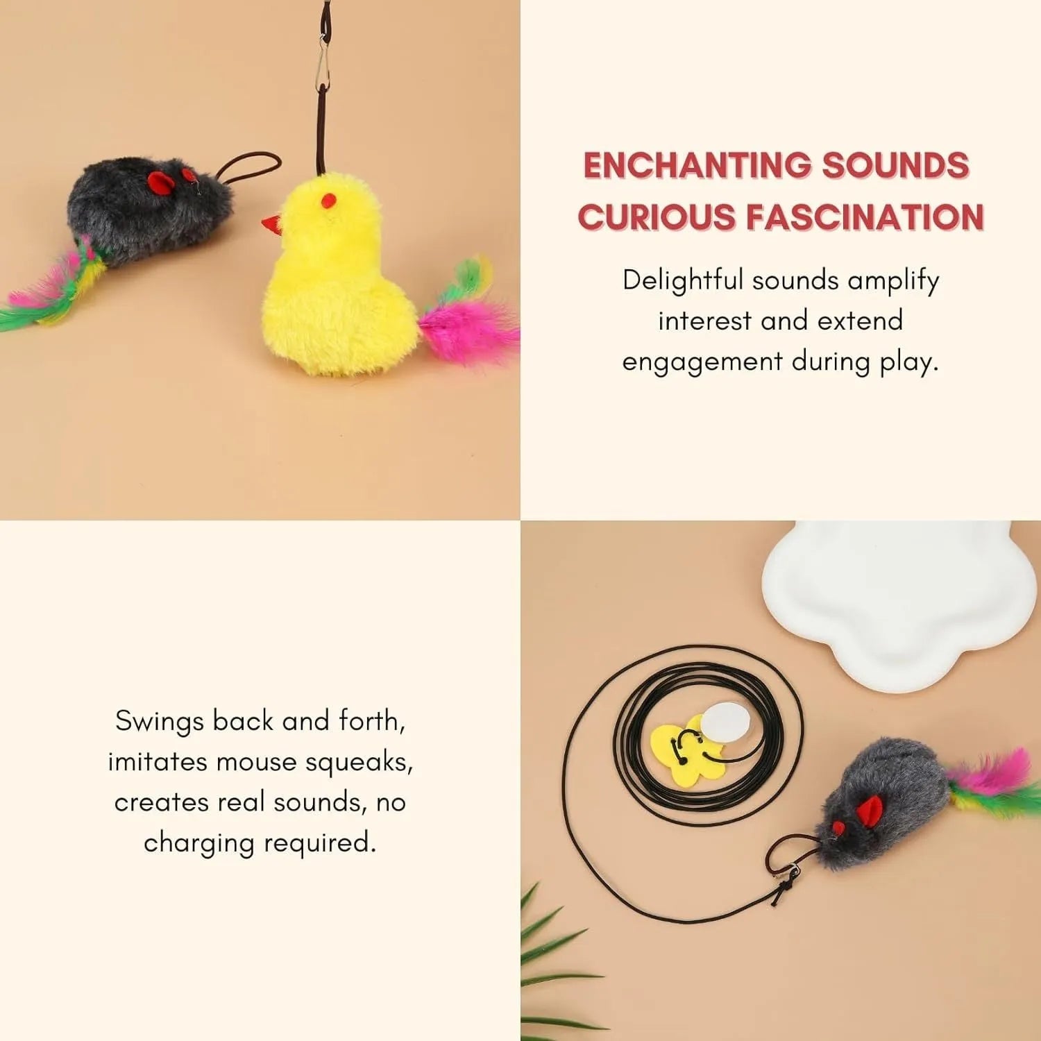 Interactive cat toy hanging on door frame with retractable rope, swinging attachments and treat reward bulb