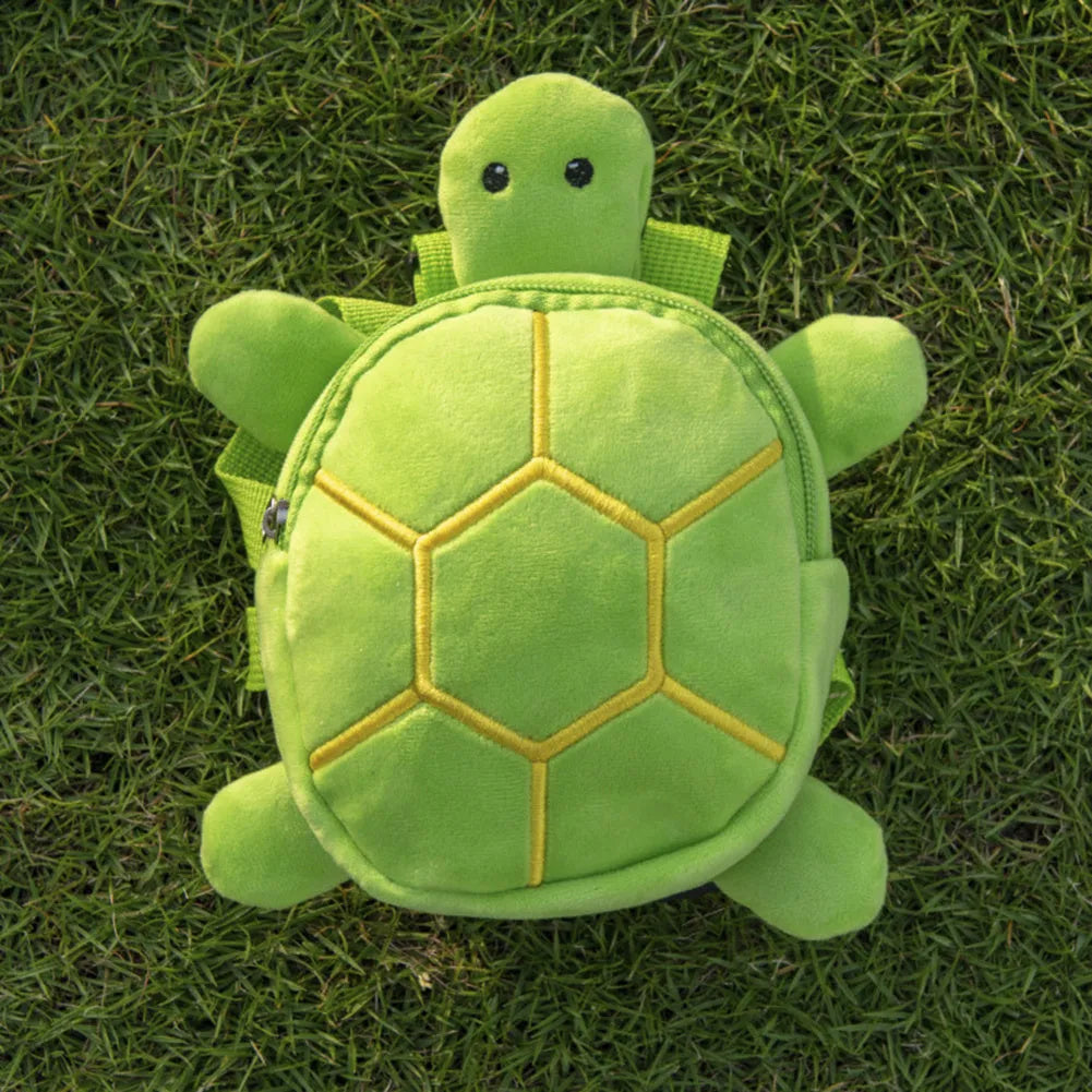 Cartoon turtle shape dog backpack harness in velvet material with metal zipper, measuring 20 x 18cm