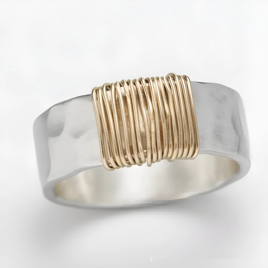 Copper unisex geometric ring with irregular coil design, silver gold electroplated finish, wide face, sizes 5 to 11