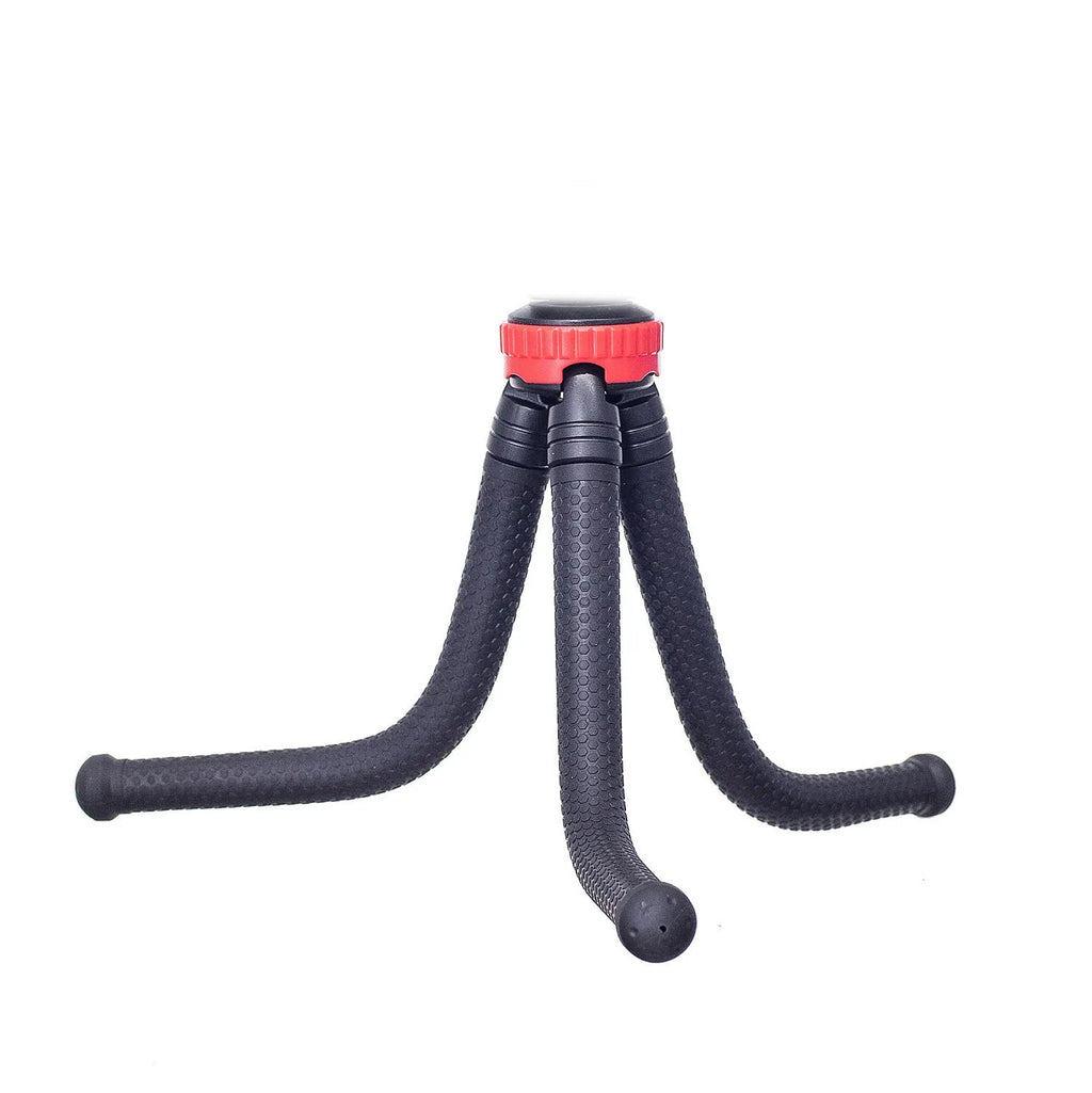 Black octopus tripod with flexible rubber legs and spherical gimbal for cameras and phones