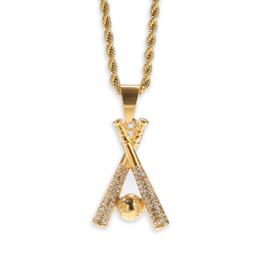 Gold alloy baseball bat pendant necklace for men with diamond processing finish and baseball design