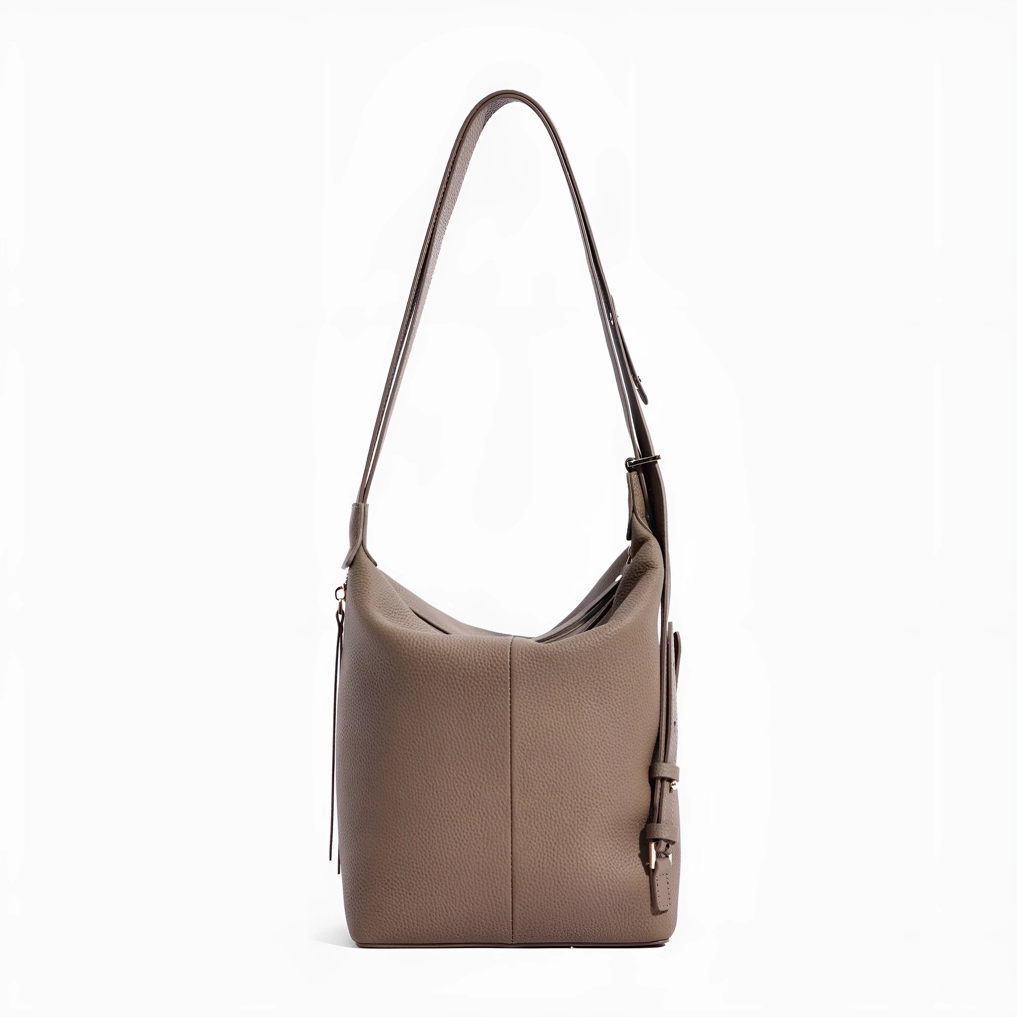 Women's soft genuine cowhide leather bucket bag in elephant grey colour