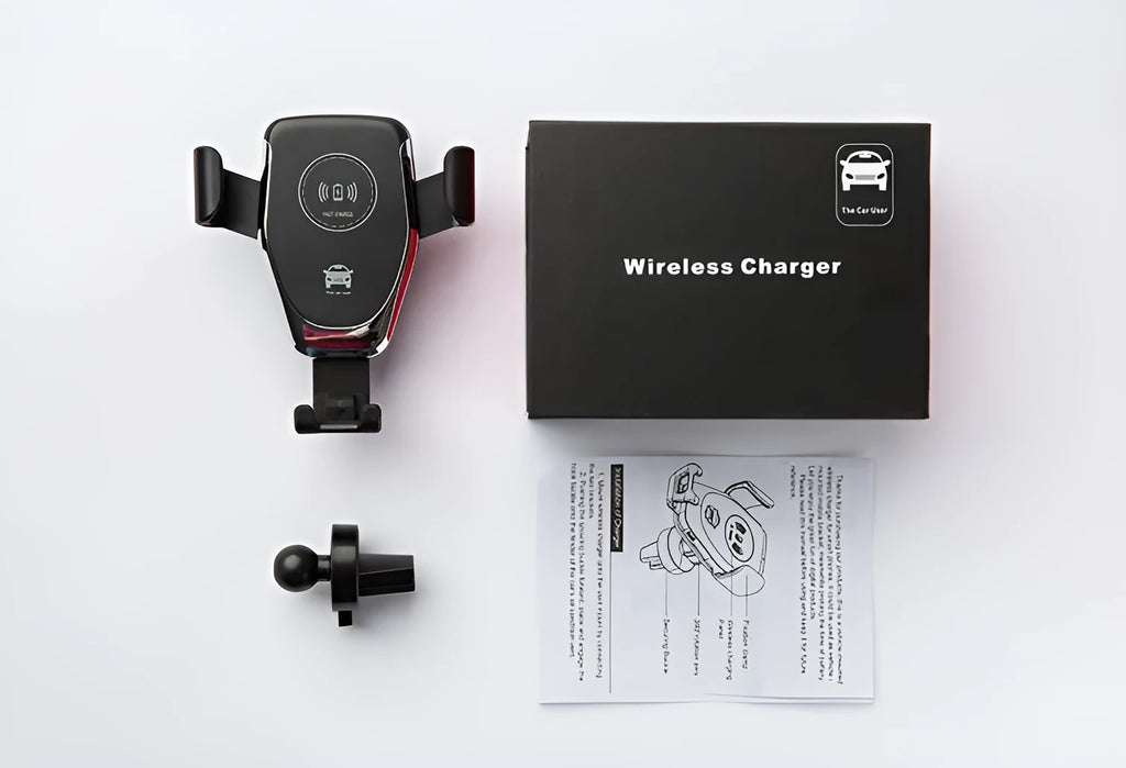 Black car wireless charger mounted on vent automatically clamping iPhone with 18W fast charging