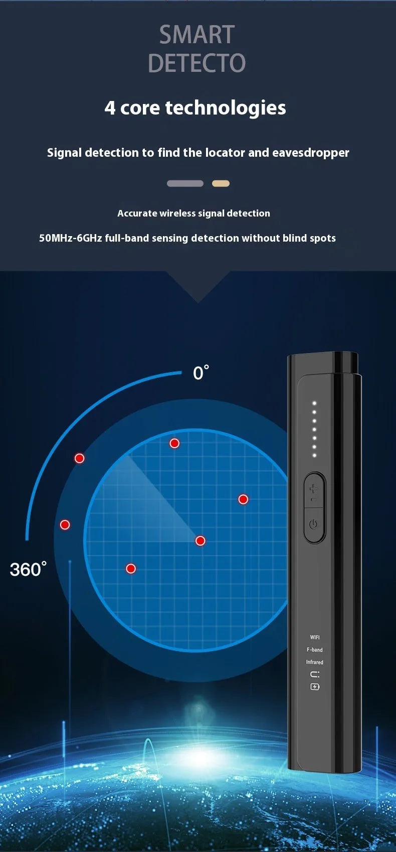 Signal Search anti-spy camera detector in black or silver colours showing 160mm compact design