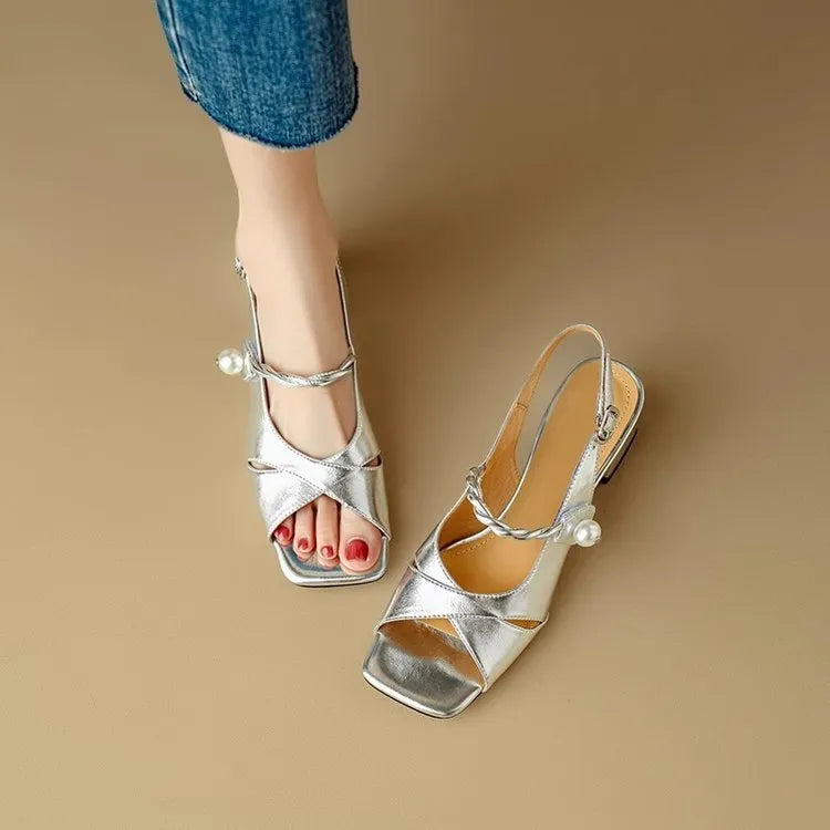 Women's French style open toe high heel sandals with buckle and fish mouth square toe in gold or silver, sizes 34-40