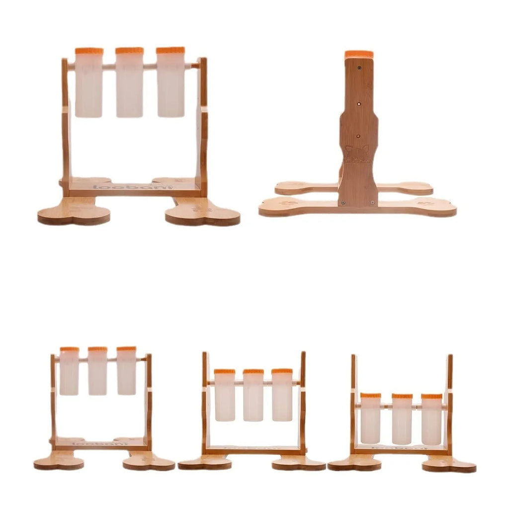Wooden dog puzzle toy feeder with sliding panels measuring 31x30x20cm in natural wood colour