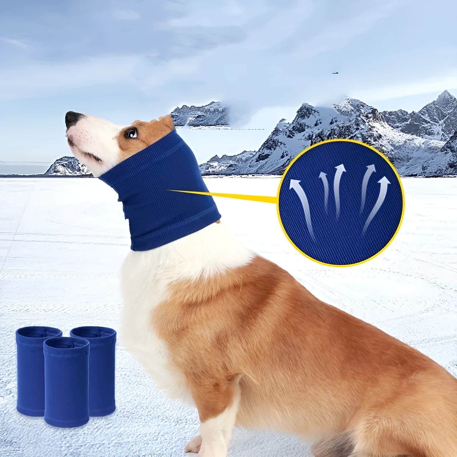 Blue adjustable dog comforter headband scarf for pet anxiety on a grey background.