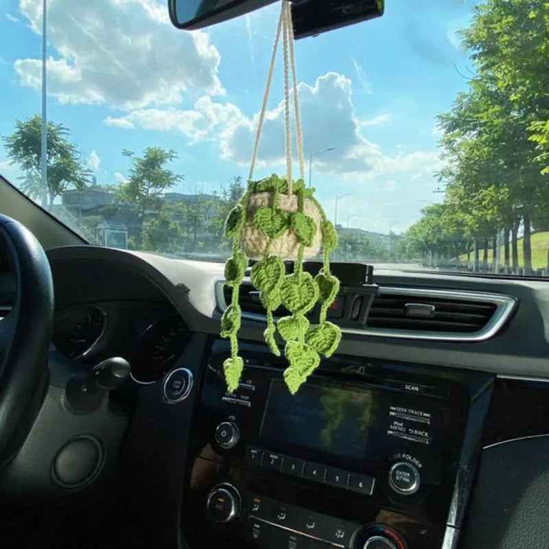Knitted wool car plant decoration with green and white pattern, 8cm basin and hanging cord