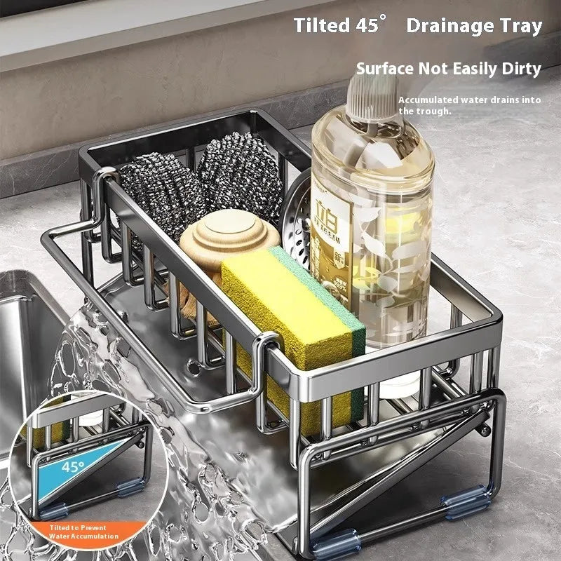 Kitchen sink rag draining rack in carbon steel with three colour options placed beside sink