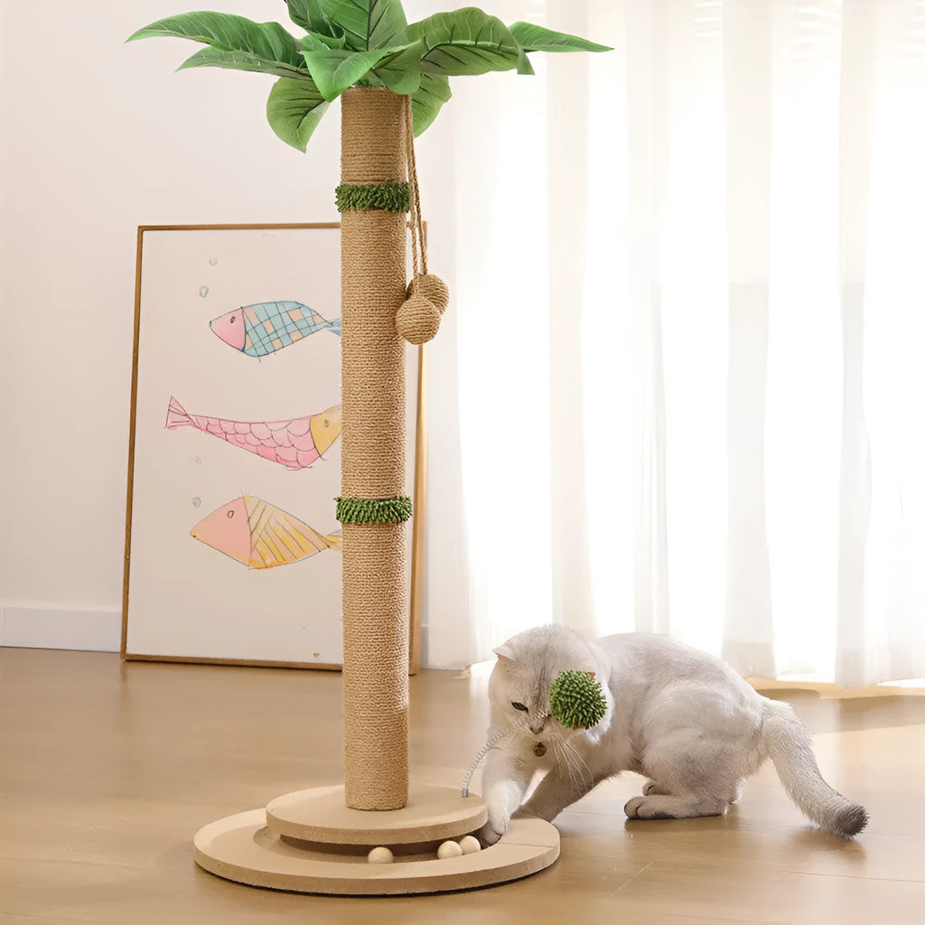 Vertical cat climbing frame with hemp rope wrapping and canna-coloured chamfered grab columns