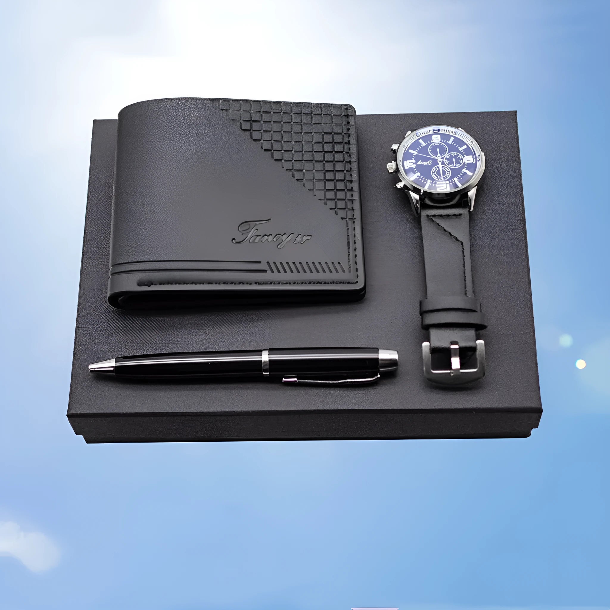 Brown and black 4-piece gift set containing wallet, pen, watch in modern style gift box