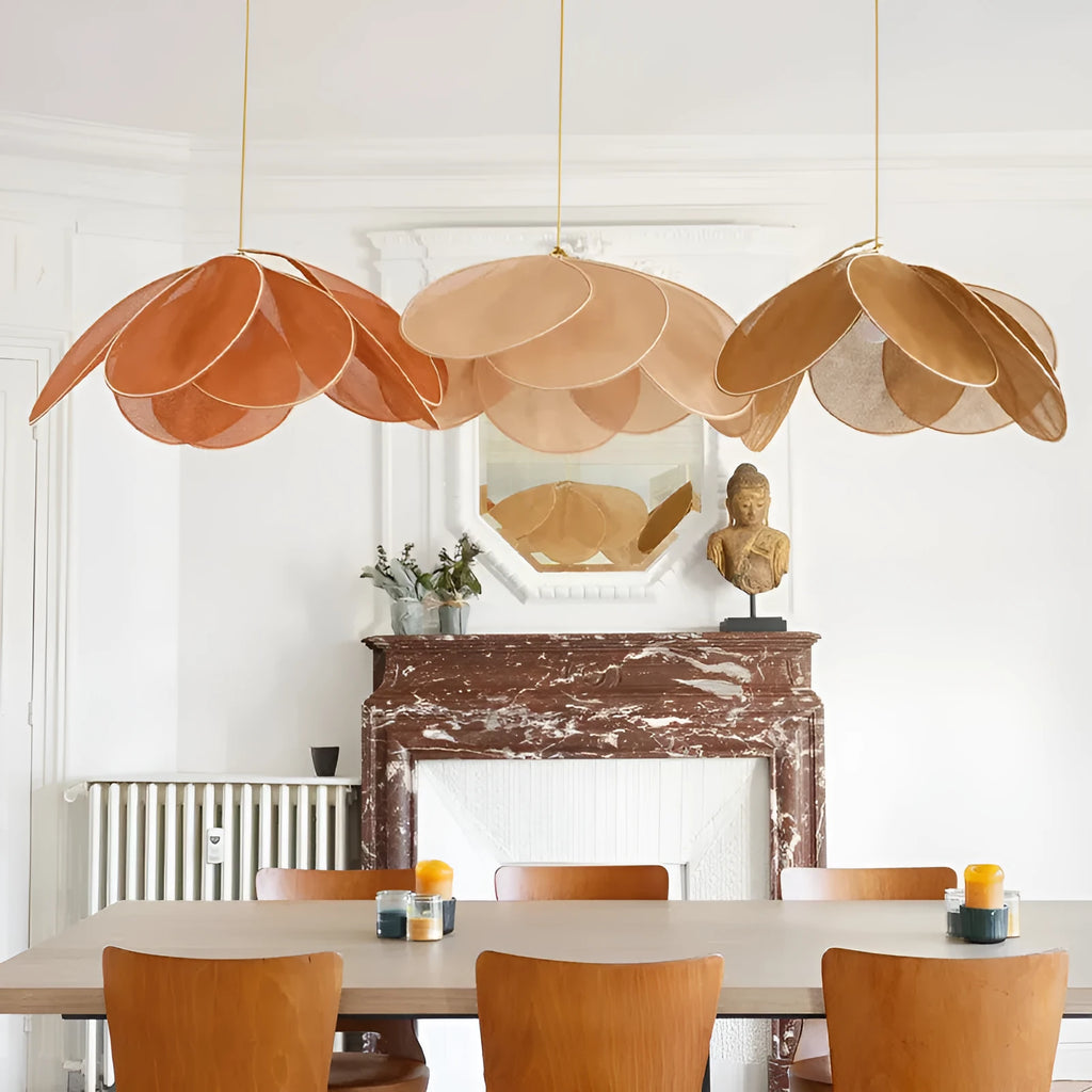 Bohemian style cloth-craft hanging chandelier lamp in a choice of colours and diameters.