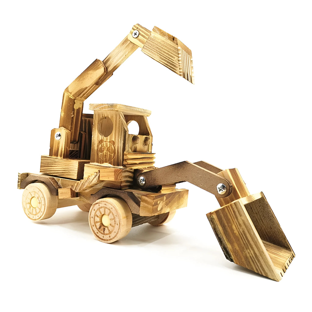 Wooden excavator model toy 30cm long brown rotating construction vehicle for children