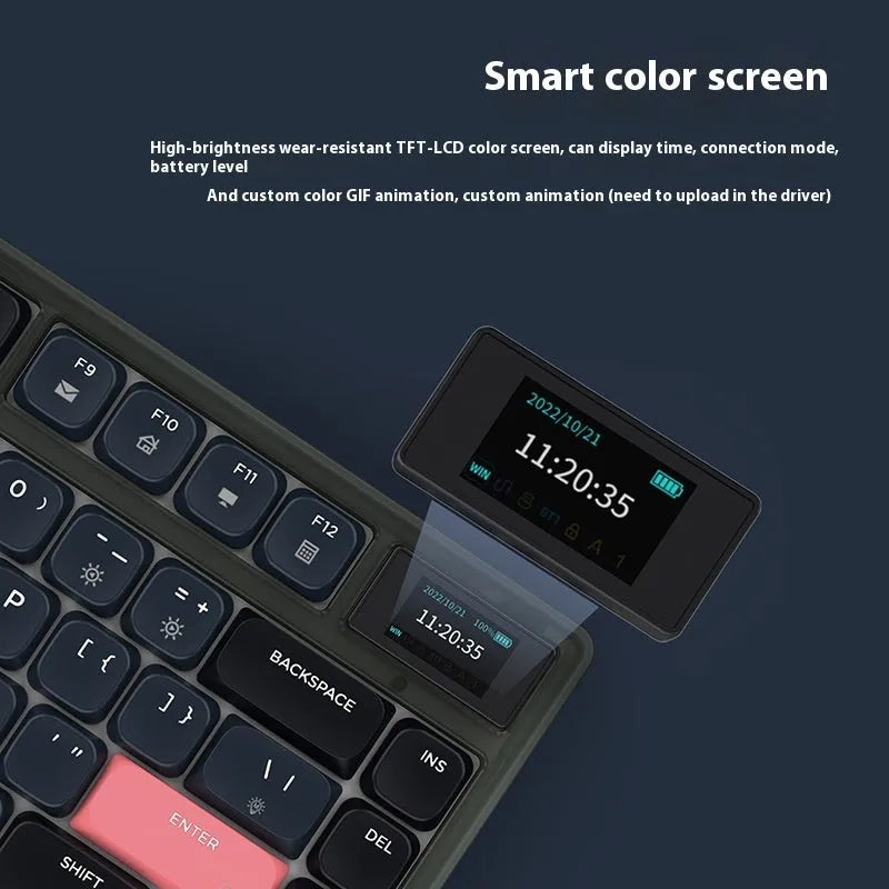 AJAZZ AK832PRO mechanical keyboard with colour screen and green keycaps showing compact 81-key layout