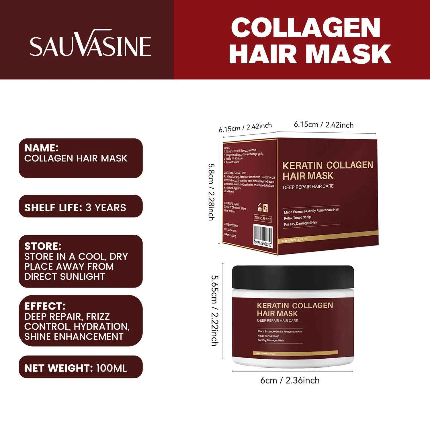 100ml collagen hair mask bottle for moisturising and repairing dry hair