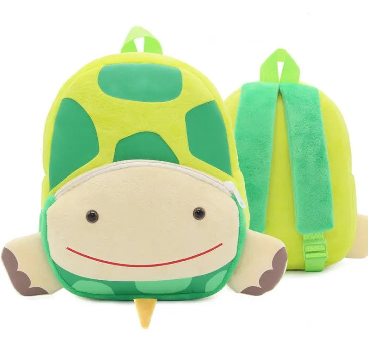 Children's plush animal backpack with elephant design showing dimensions and zipper opening