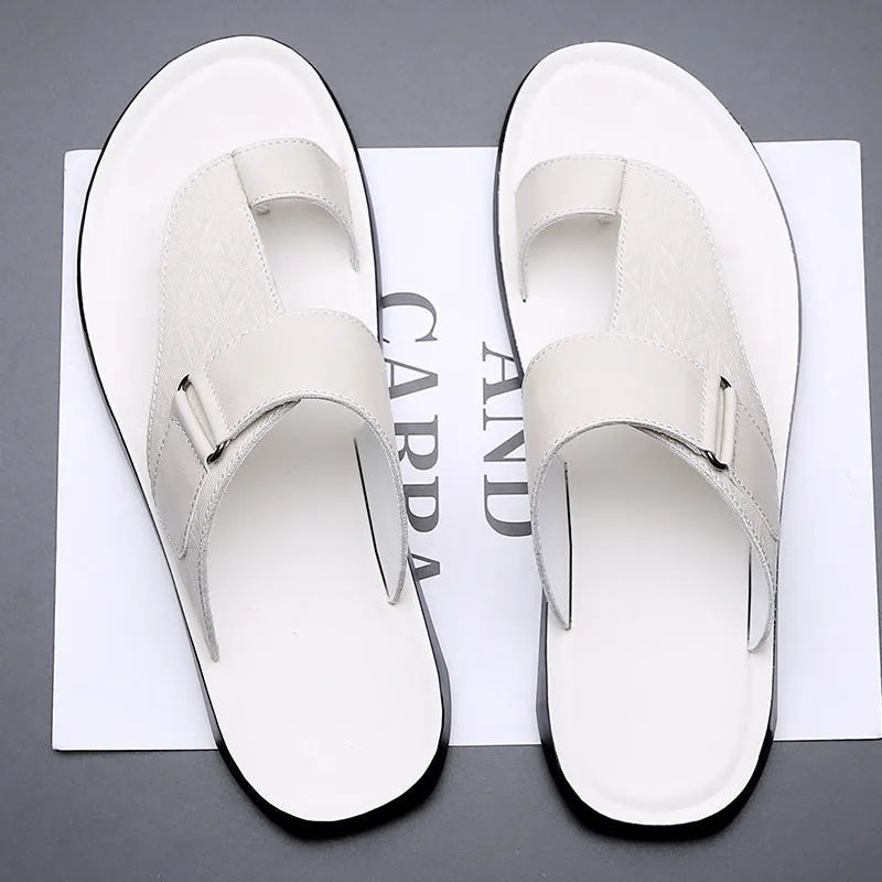 Men's casual beach slippers with cowhide upper and rubber sole in light brown colour