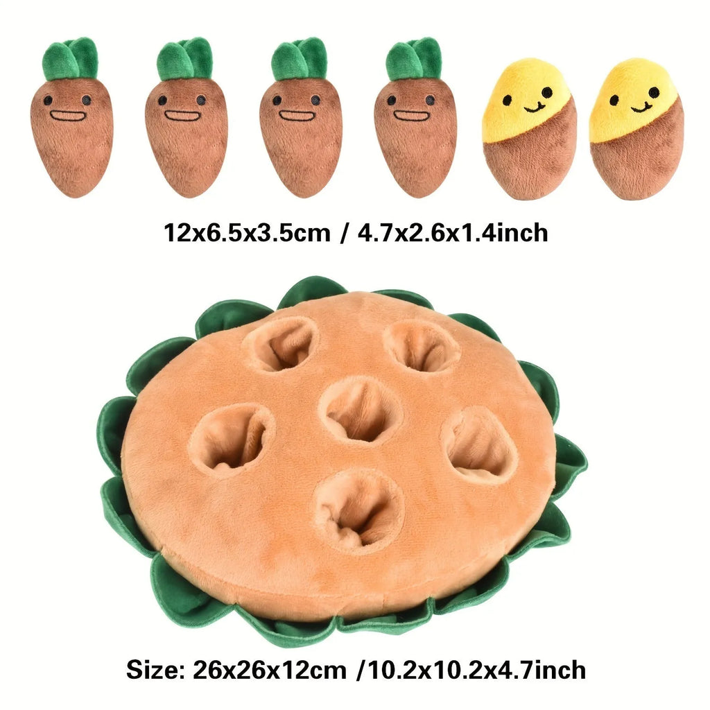 Yellow interactive dog puzzle feeding pad with removable squeaky plush toys on a floor.