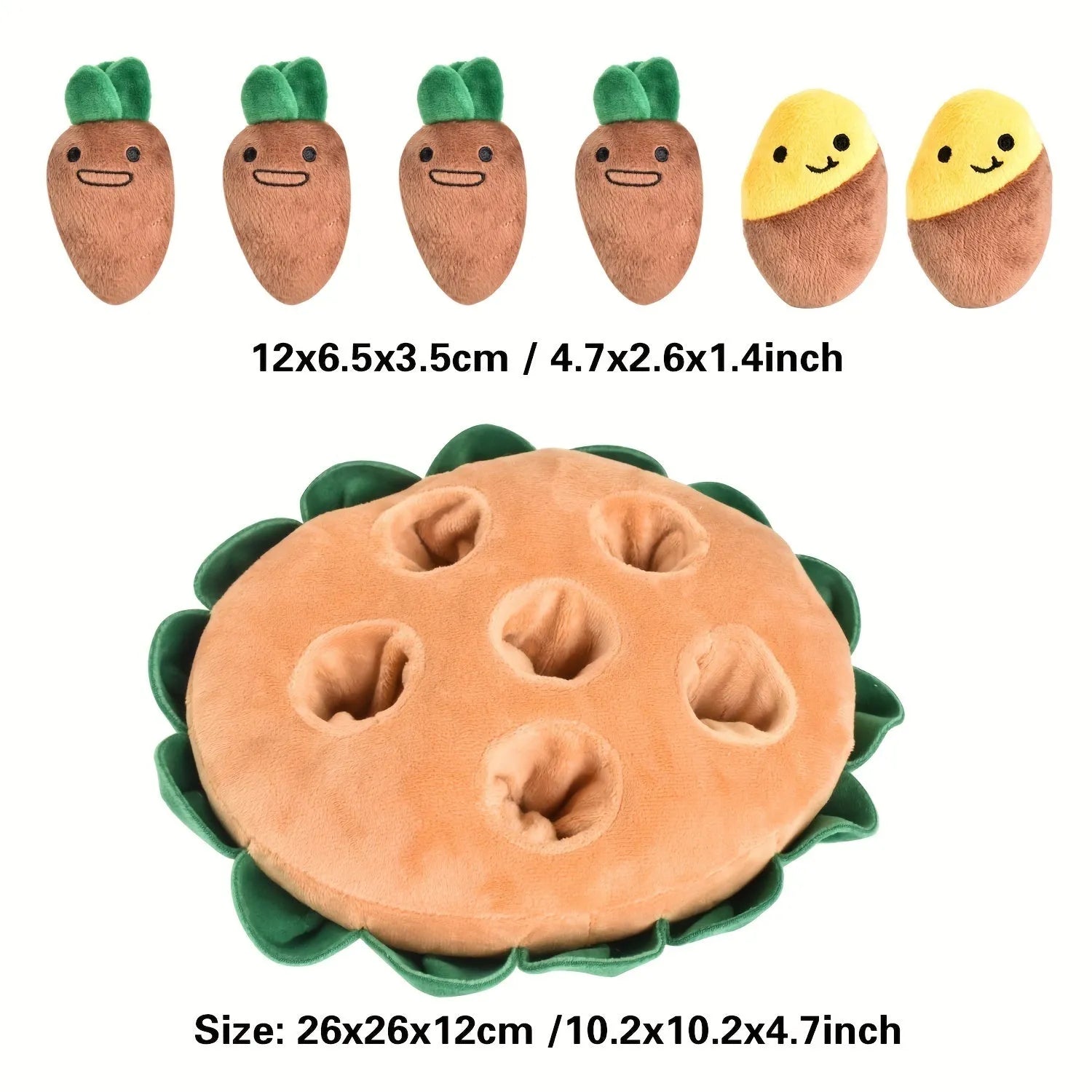 Yellow interactive dog puzzle feeding pad with removable squeaky plush toys on a floor.