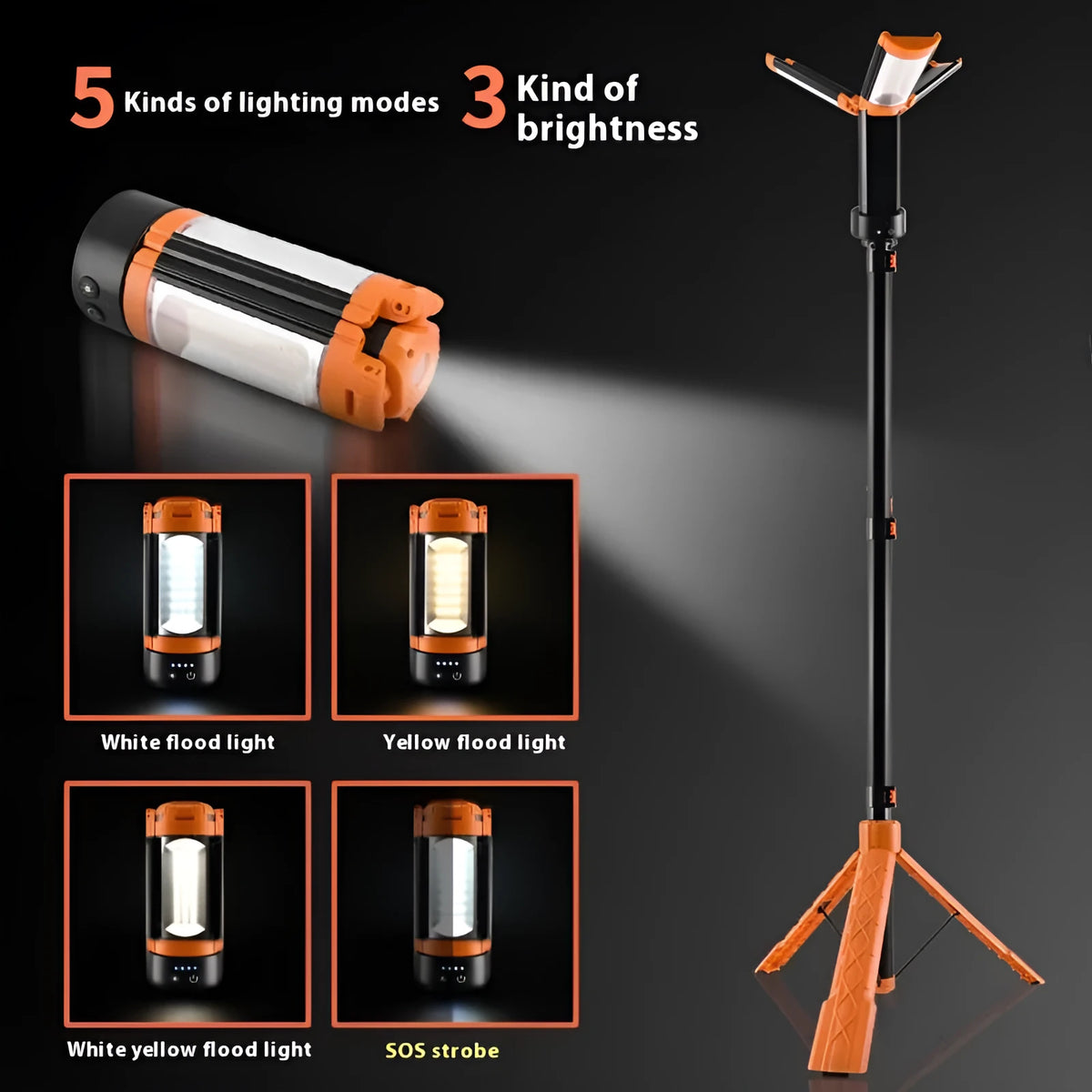 Retractable folding charging camping lantern in black and orange with bracket, measuring 58.2cm x 20cm x 9.4cm.