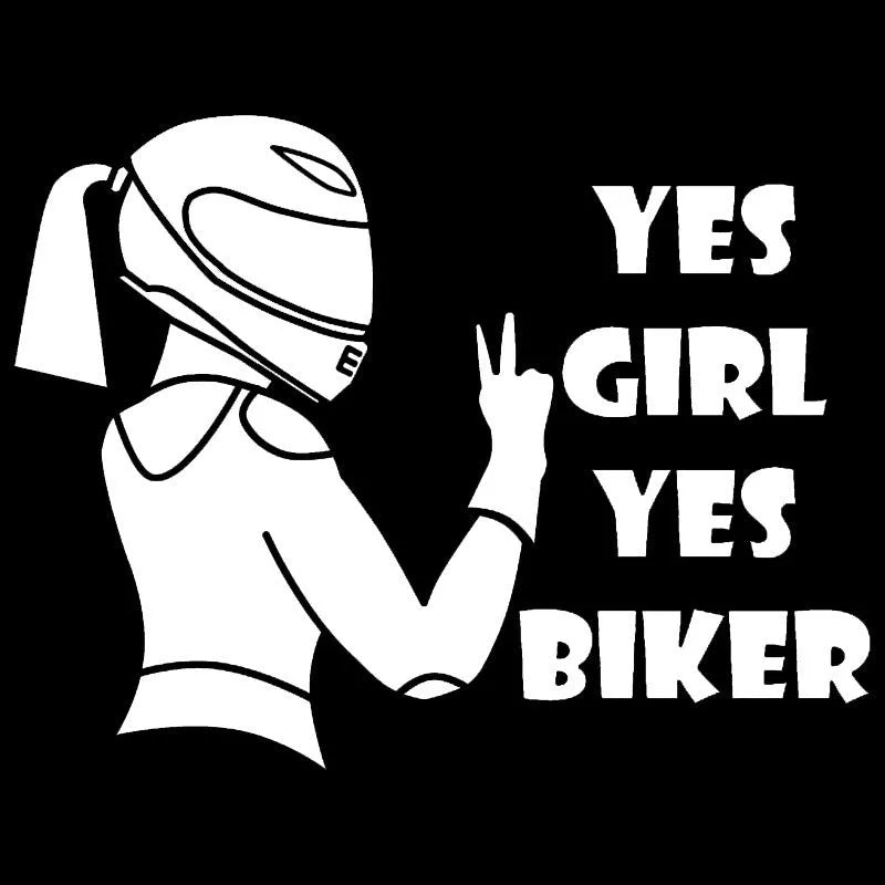 Cool girl rider character design on a black, white, and laser coloured car waterproof sticker measuring 16cm by 15cm.