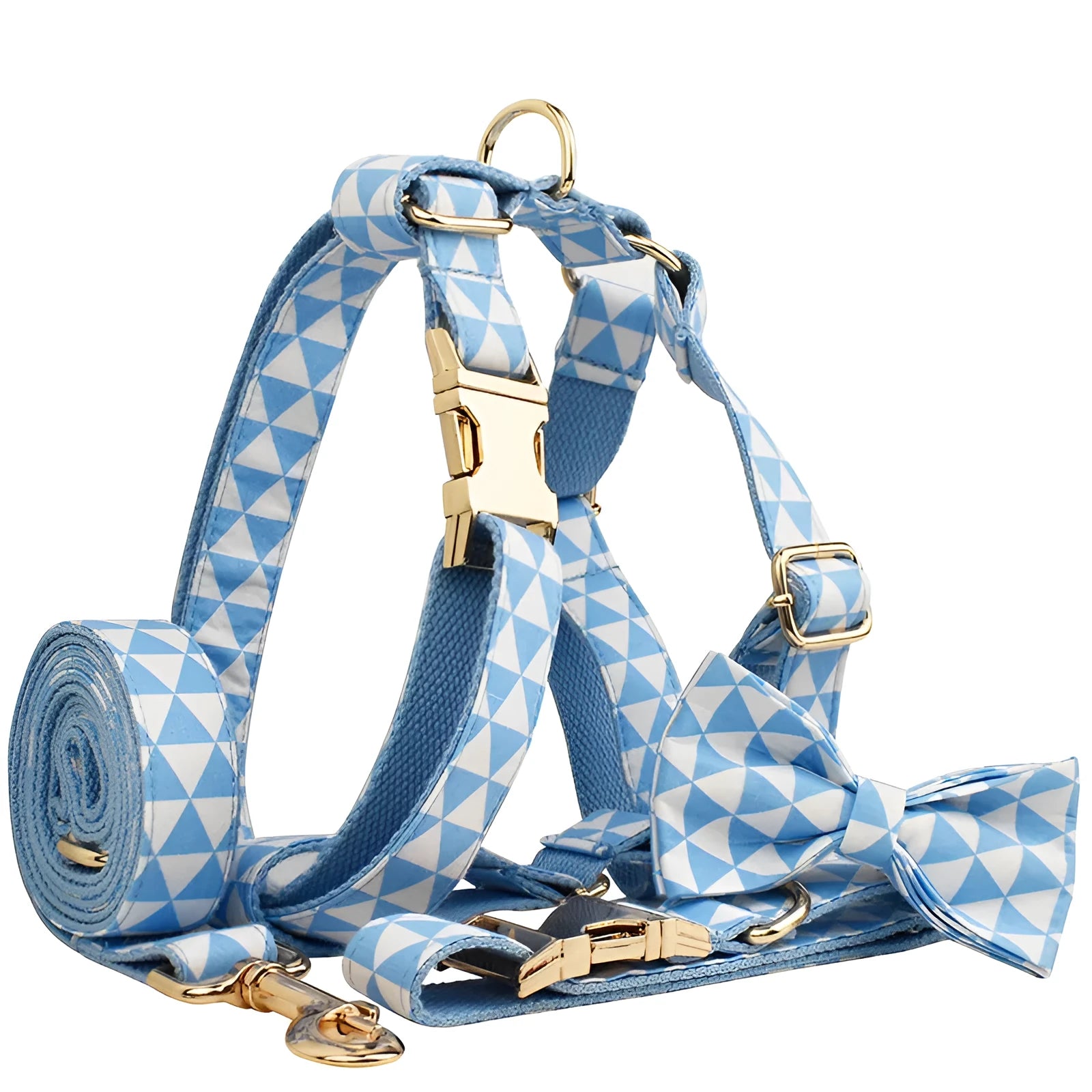Blue cloth dog vest set with matching collar, lead, and decorative bow on a triangular ring.