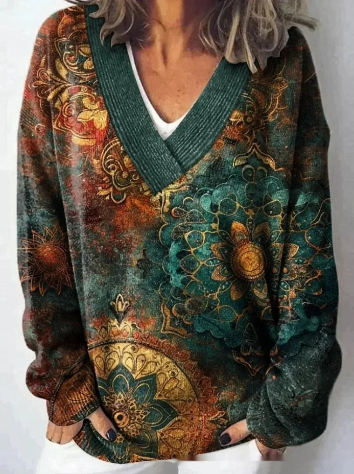Women's floral printed sweatshirt with 3D pattern and V-neck design in art retro style