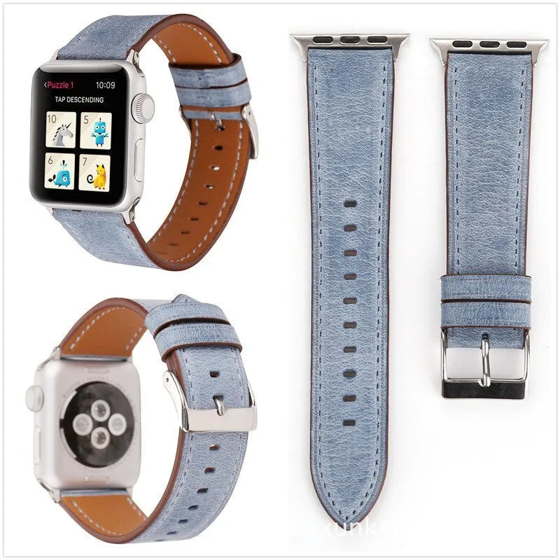 Leather watch strap with a folding buckle shown in multiple colour options.