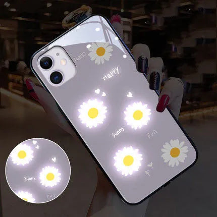 Voice-activated luminous iPhone case with painted daisy designs in TPU protective shell