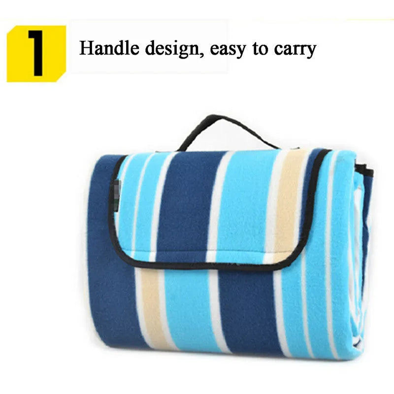 Folding suede picnic mat with blue stripes, expanded 200x200cm, showing soft velvet top and waterproof base
