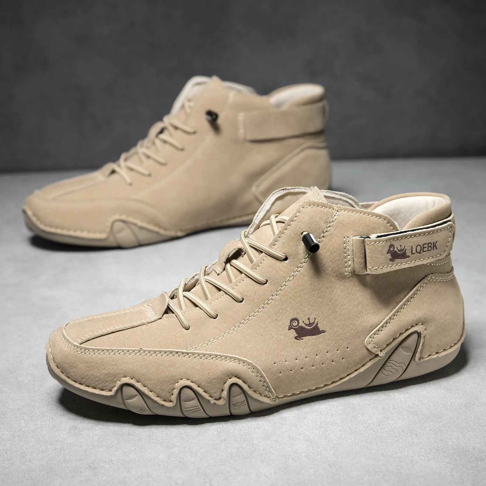Men's brown high-top Martin boot with lace-up front, round toe, and flat rubber sole on a white background