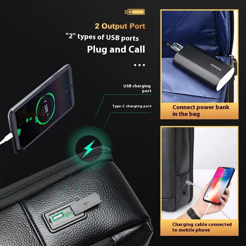 Black genuine leather business backpack with USB charging port and curved shoulder straps