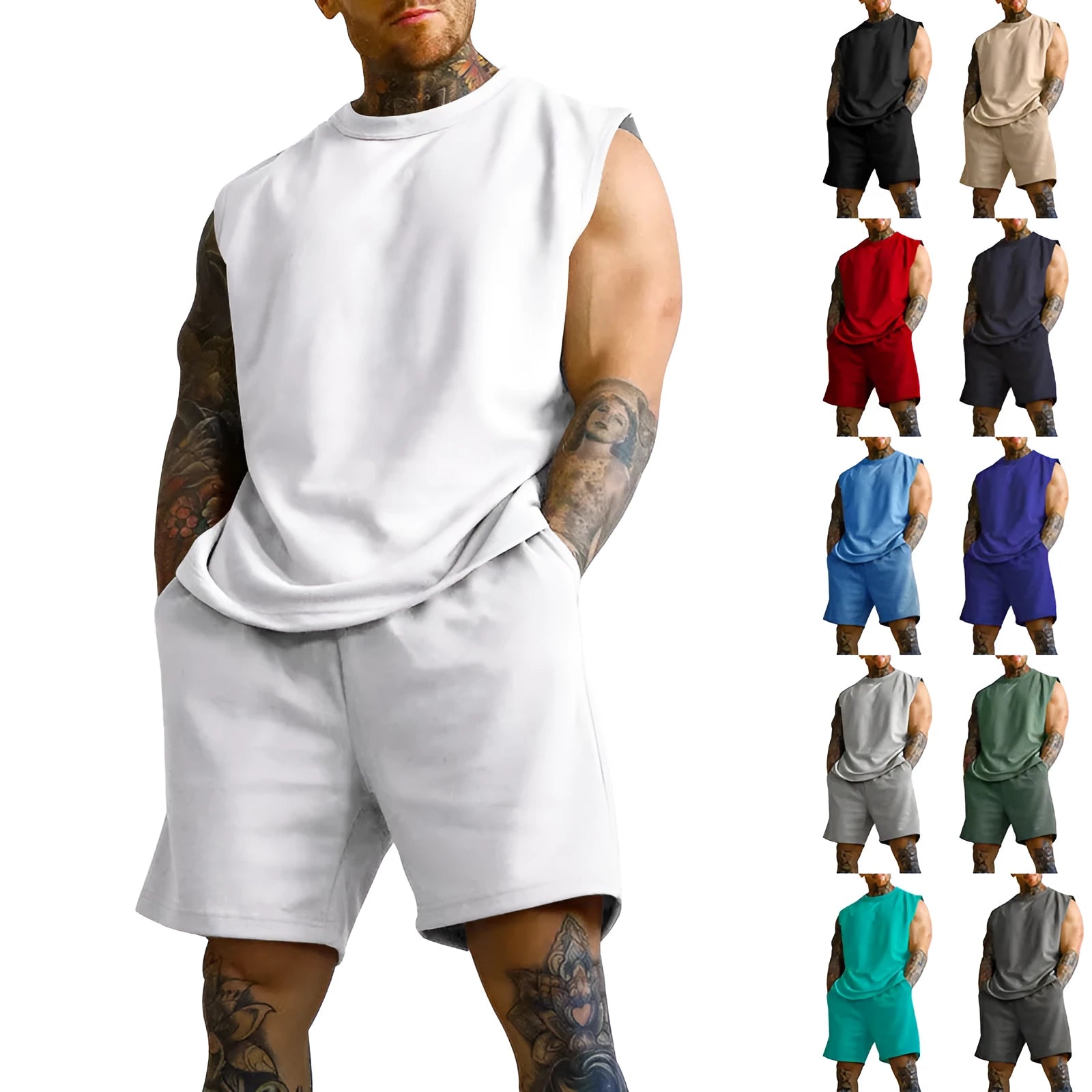 Men's sleeveless cotton blend sports set showing top and shorts in a solid colour.