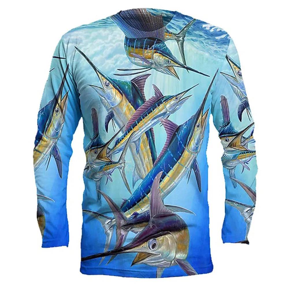 Men's milk silk pullover with fish print design showing round neck and long sleeves in available colours