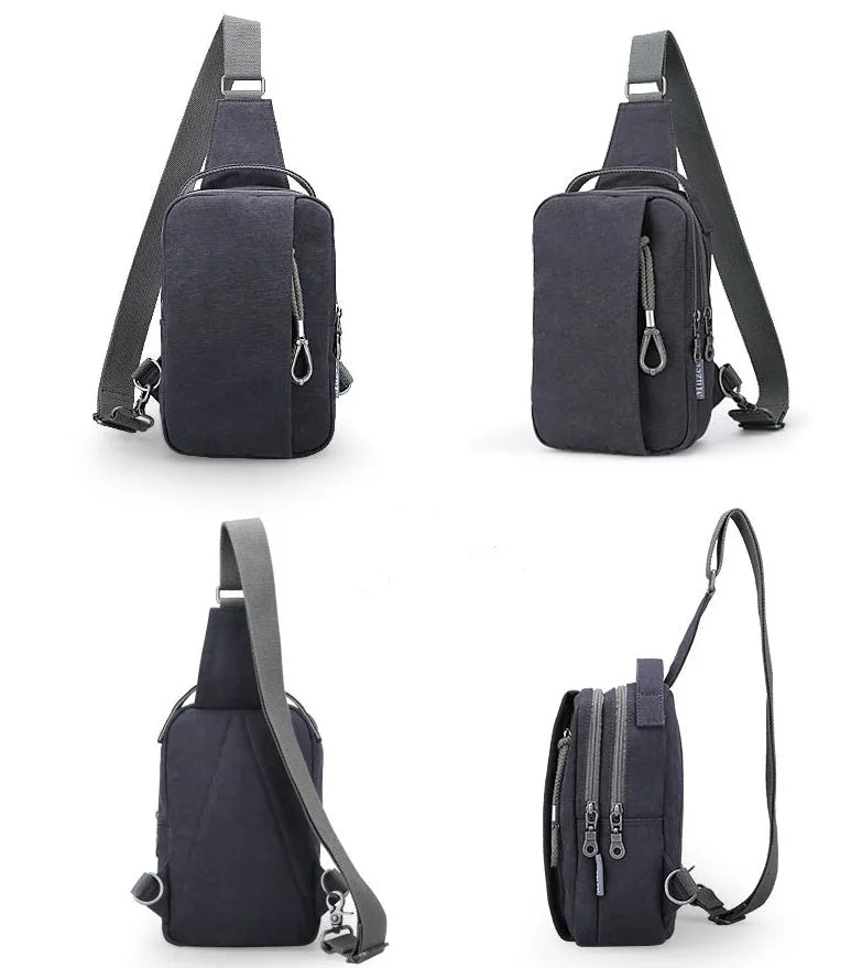 Canvas cross body bag, 16x10x25cm, with 110cm strap, shown in Blue, Grey and Light Brown