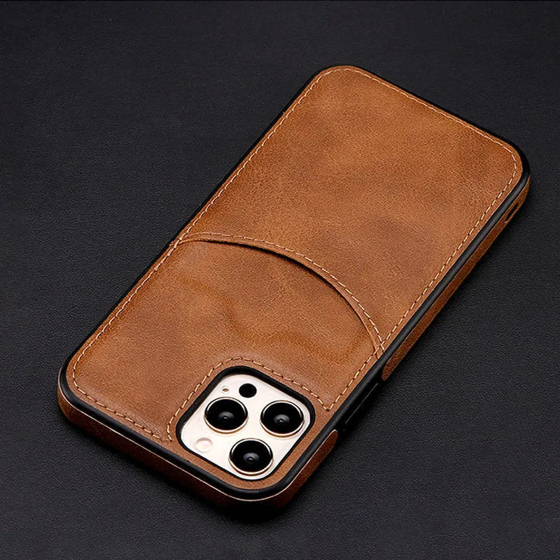 Dark blue PU leather protective case for iPhone models including iPhone 14 Pro Max and iPhone 13.
