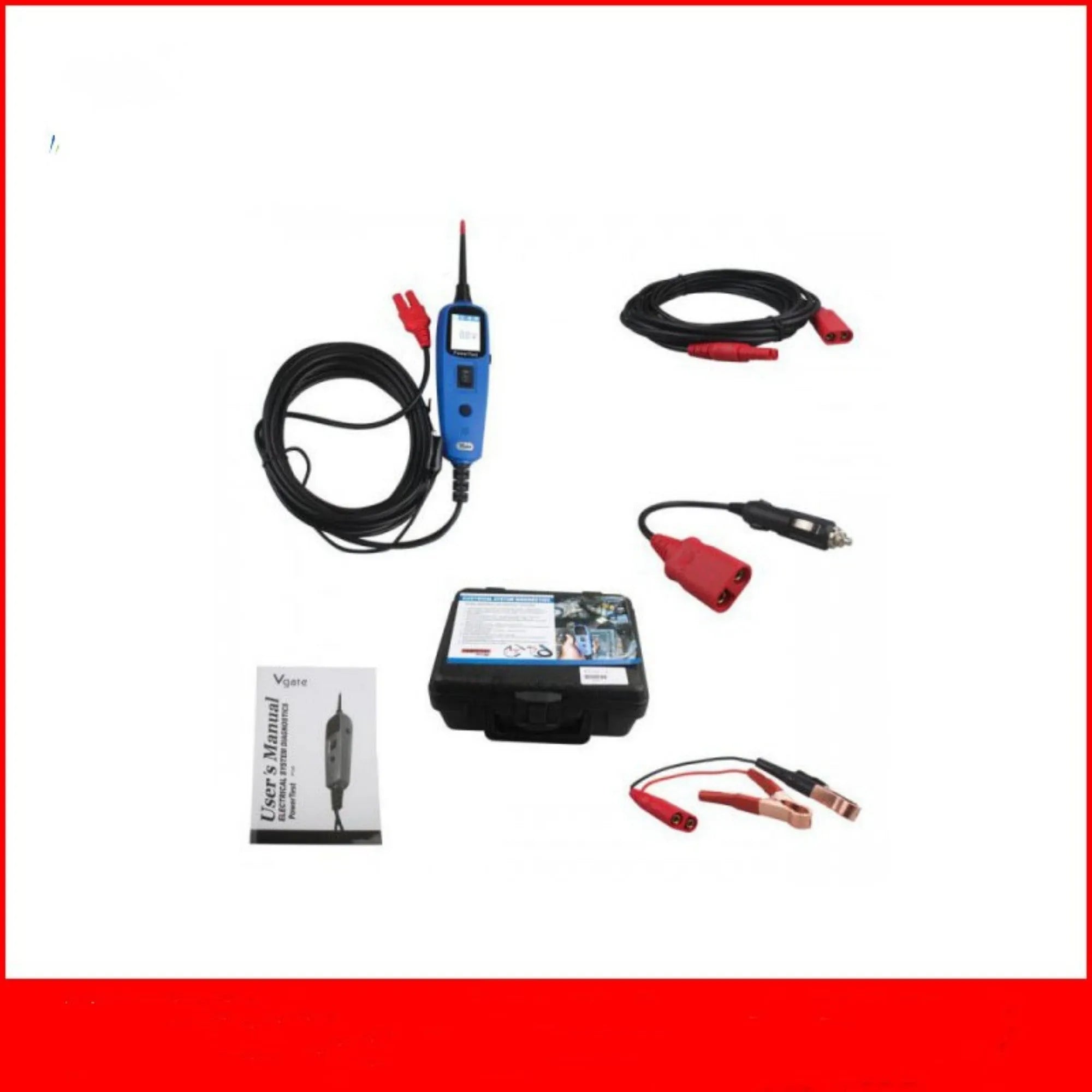 Blue PowerTest PT150 automotive circuit test pen with display screen, cables, clips, and hard case.