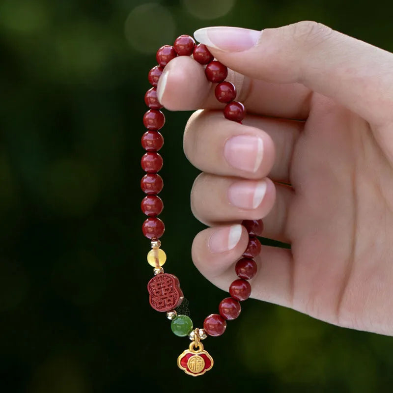 New Chinese style emperor sandstone happy eyebrow bracelet with cinnabar beads and fu character element