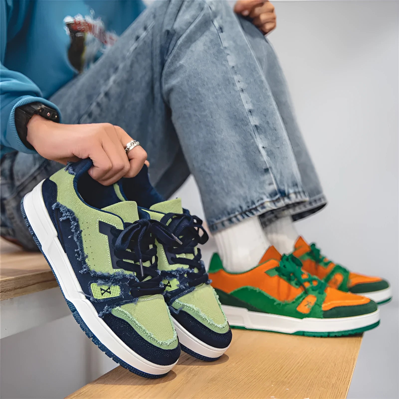 Breathable leisure retro Hong Kong style canvas men's shoes low top sneakers in blue green colour