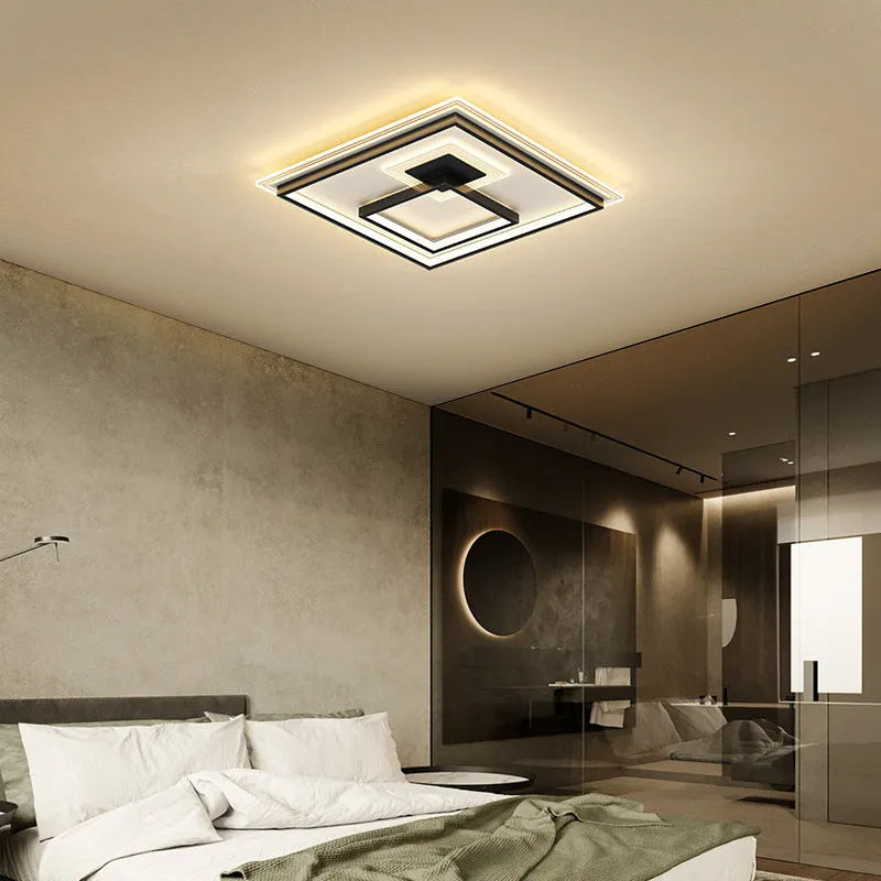 Modern simple rectangular LED ceiling light with black trim and stepless dimming for living room