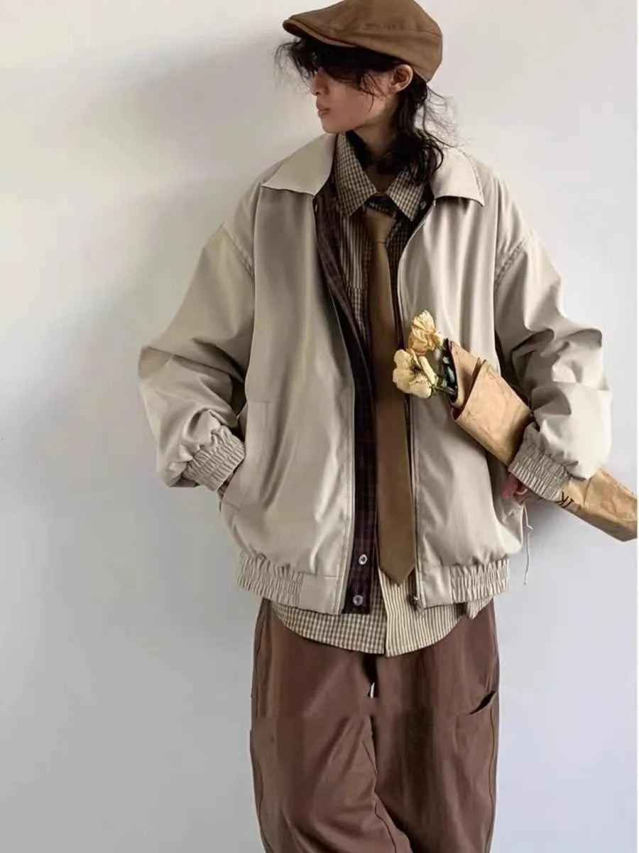 Men's retro reversible jacket in khaki with coffee colour plaid, stand collar, zipper placket, loose fit