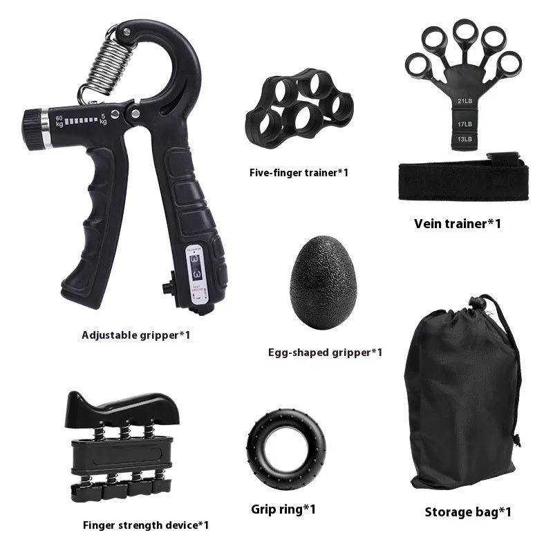 Adjustable spring grip strength trainer seven-piece set including five finger trainer and egg shaped device in black plastic