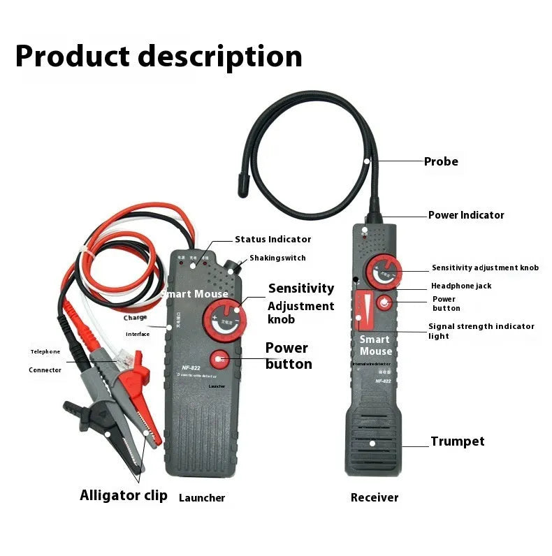 Line finder buried wire cable tester with transmitter and receiver, 50x200mm, on a workbench